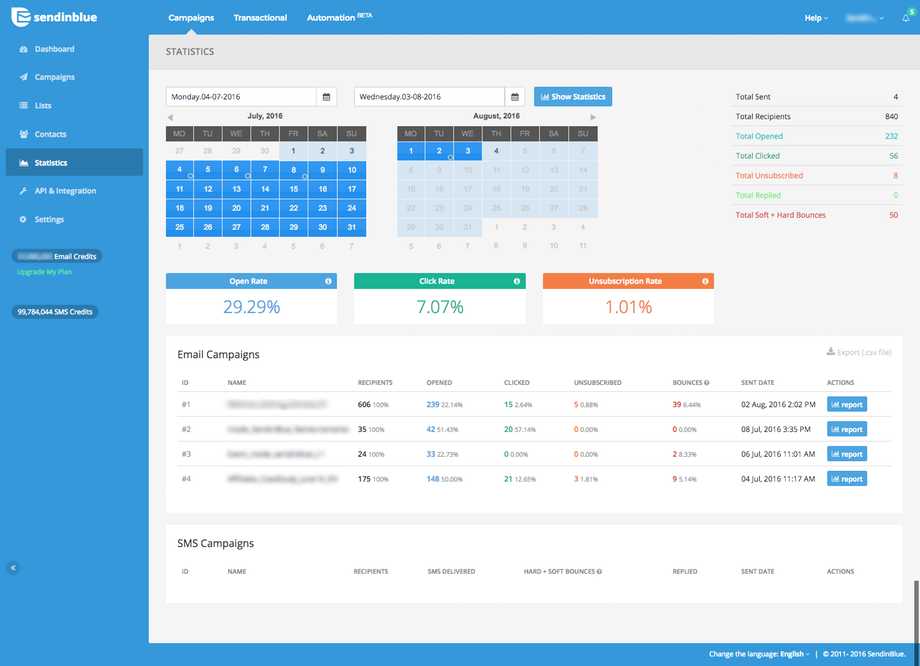 SendinBlue's Report view